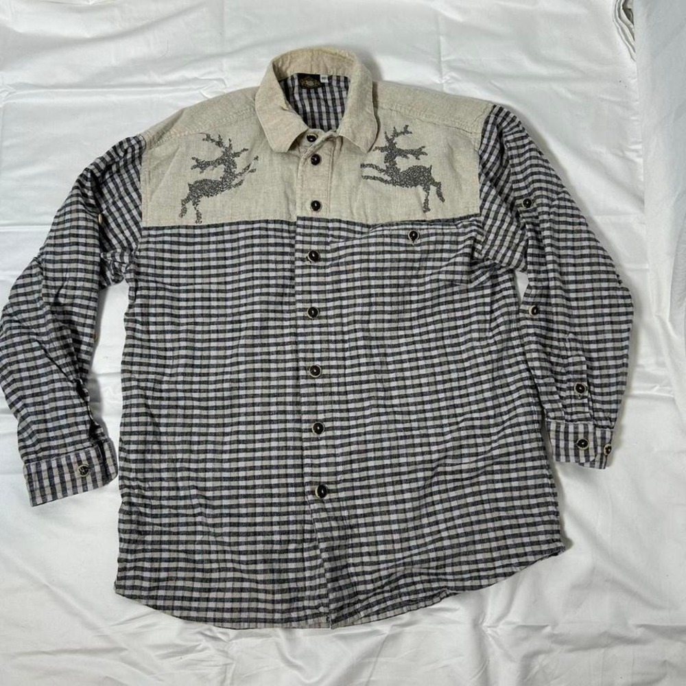 Vintage Cream‎ and black plaid button-up shirt with embroidered reindeer antler